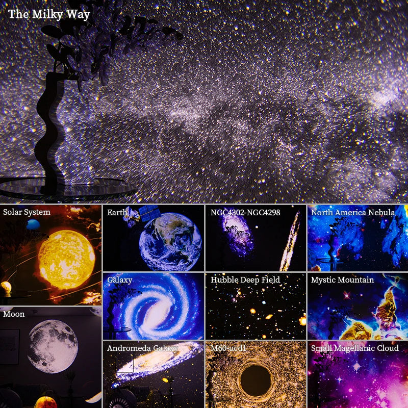Yövalo – Galaxy-projektori, tähtitaivasprojektori, 360° pyörivä planetaario-lamppu lastenhuoneeseen, lahjaksi tai koristeeksi