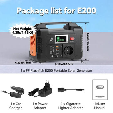 FlashFish E200 200W Kannettava Virtageneraattori – 40800mAh Aurinkovoimalla, 220V AC Pistorasia, 2 DC-Porttia, 3 USB-Porttia