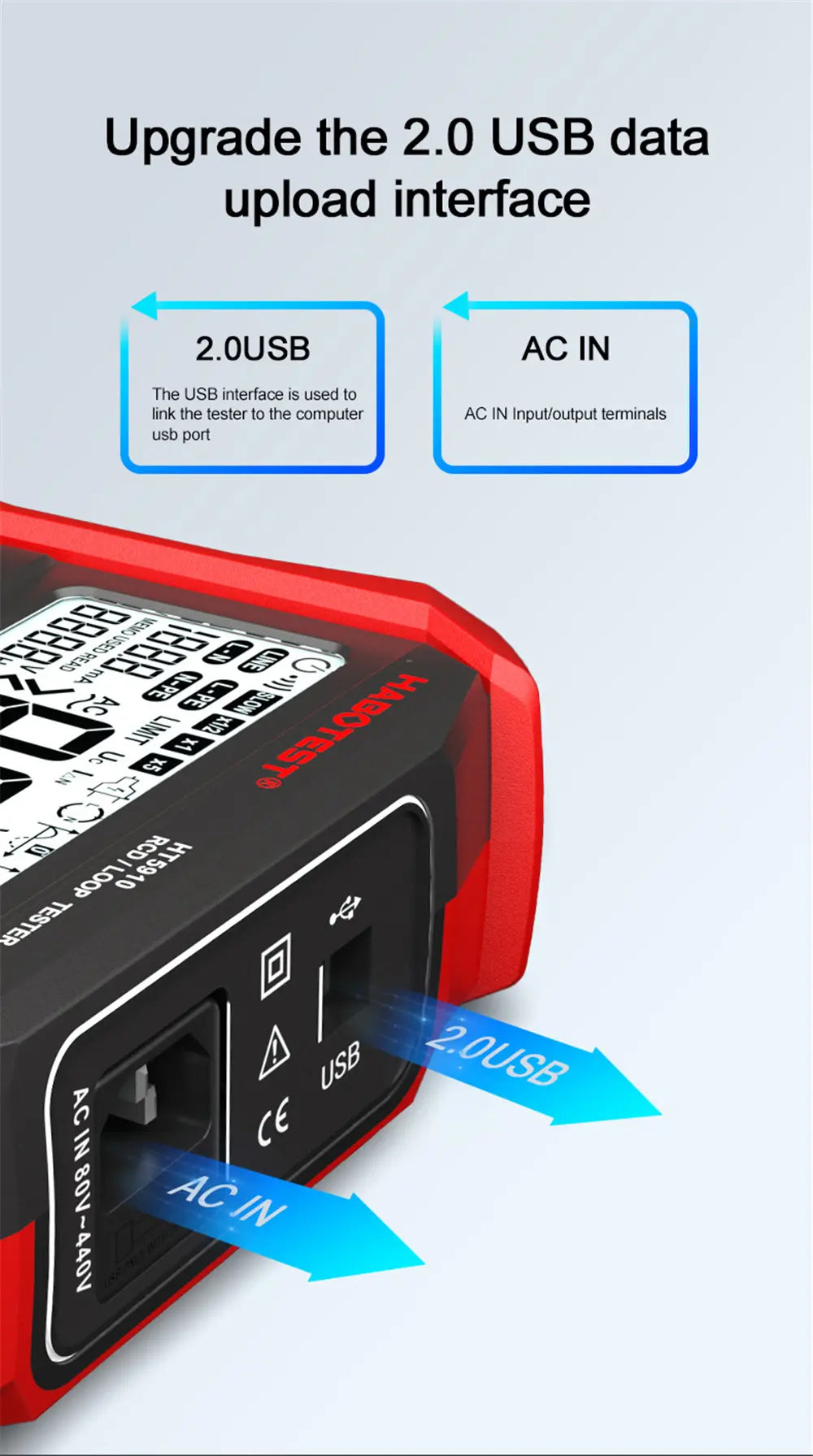 HT5910 4.7-tuumainen suuri LCD-digitaalinen resistanssimittari RCD/Loop-testeri 1000 tietueen tallennus 0-440V vuotokytkimen testaaja