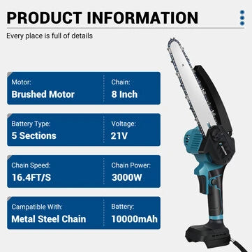 Drillpro 8 tuuman sähkömoottorisaha harjattomalla moottorilla ja automaattisella öljyjärjestelmällä