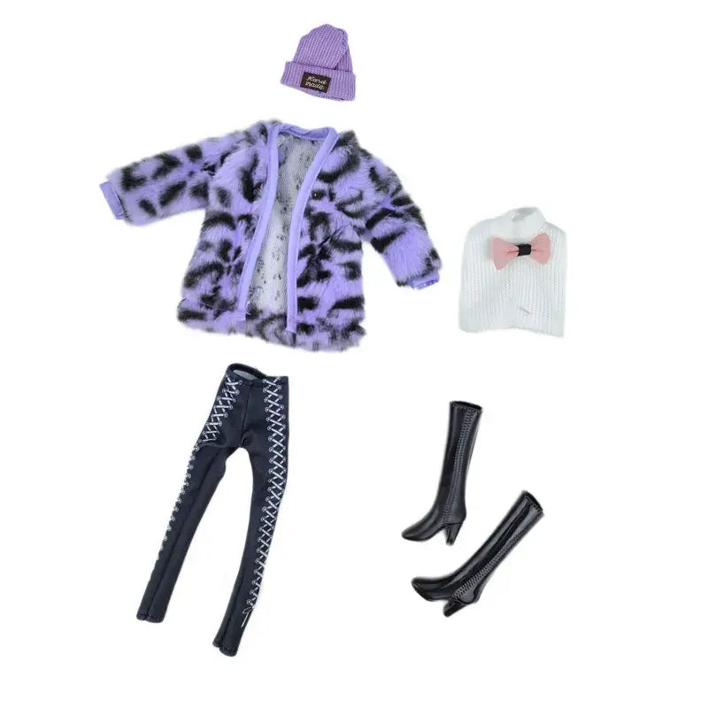Purple Leopard Fashion Doll Clothes Set for Barbie – 1/6 Doll Outfits with Coat, Top, Pants, Hat, and Boots