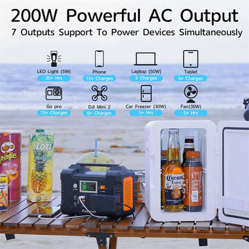 FlashFish E200 200W Kannettava Virtageneraattori – 40800mAh Aurinkovoimalla, 220V AC Pistorasia, 2 DC-Porttia, 3 USB-Porttia