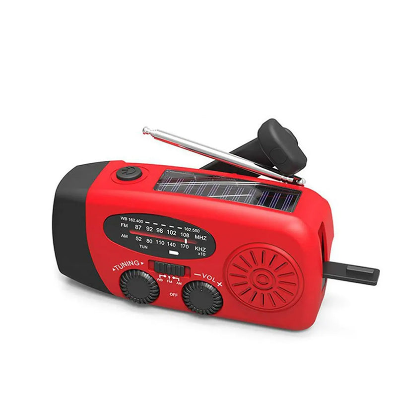 Kannettava monitoiminen käsiveivillä toimiva hätävirtalähde, aurinkoradio, iskunkestävä, FM/AM/WB/NOAA, varavirtalähde