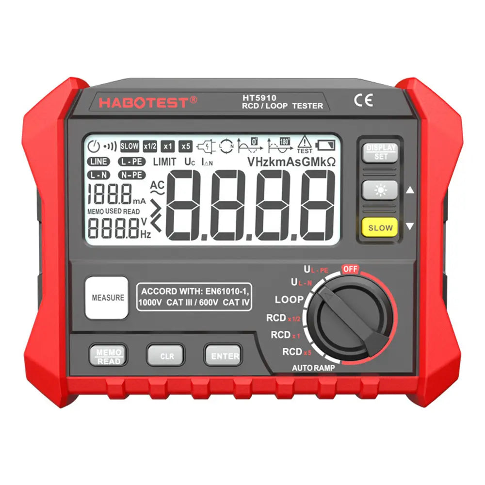 HT5910 4.7-tuumainen suuri LCD-digitaalinen resistanssimittari RCD/Loop-testeri 1000 tietueen tallennus 0-440V vuotokytkimen testaaja