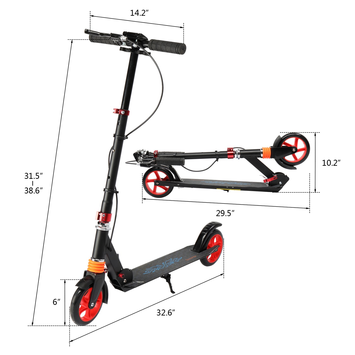 Scooter aikuisille ja nuorille, 3 korkeussäädettävää, helposti taittuva, punainen