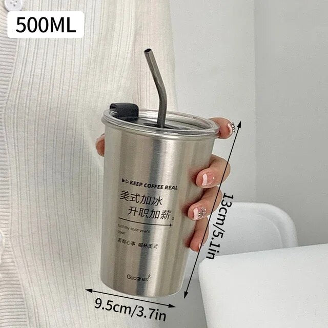 Stainless Steel Coffee Mug with Straw Lid - Kestävä ja Monikäyttöinen 500ml Juomakuppi