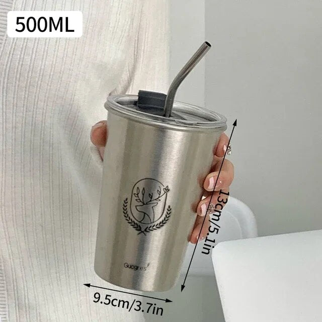 Stainless Steel Coffee Mug with Straw Lid - Kestävä ja Monikäyttöinen 500ml Juomakuppi