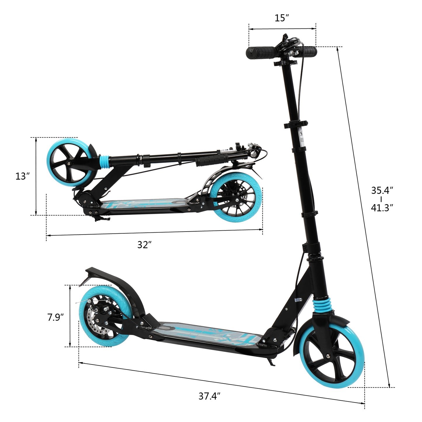 Scooter aikuisille ja nuorille, 3 korkeussäädettävää, helposti taittuva, kaksoisvaimennin