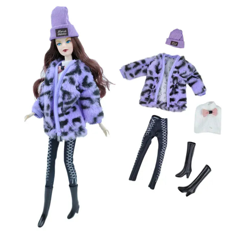 Purple Leopard Fashion Doll Clothes Set for Barbie – 1/6 Doll Outfits with Coat, Top, Pants, Hat, and Boots