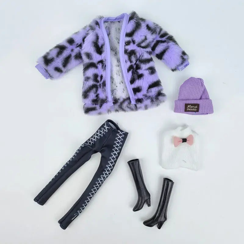 Purple Leopard Fashion Doll Clothes Set for Barbie – 1/6 Doll Outfits with Coat, Top, Pants, Hat, and Boots
