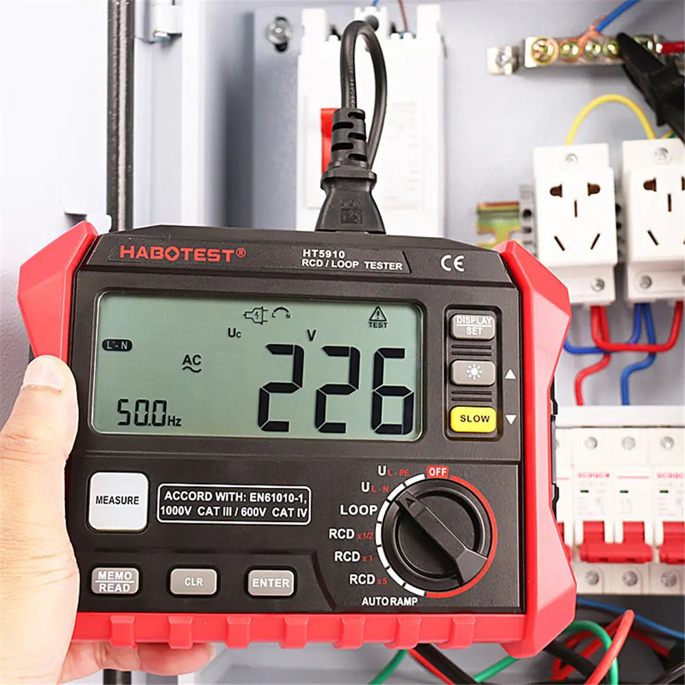 HT5910 4.7-tuumainen suuri LCD-digitaalinen resistanssimittari RCD/Loop-testeri 1000 tietueen tallennus 0-440V vuotokytkimen testaaja