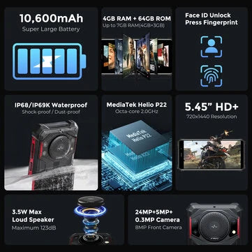 FOSSiBOT F101P Kova Äänentoistin 7GB RAM 64GB ROM 10600mAh 24MP Kolmoiskamera 5,45 tuumaa 18W Nopea Lataus IP68 IP69K Vesitiivis Helio P22 Octa Core 4G Kestävä Älypuhelin