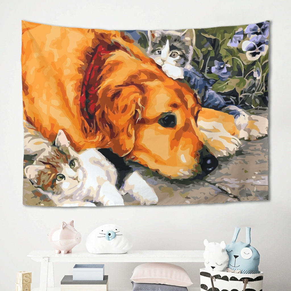 Lovely Cat Dog Tapestry - Öljytyylinen Printtikangas, Seinäsisustus