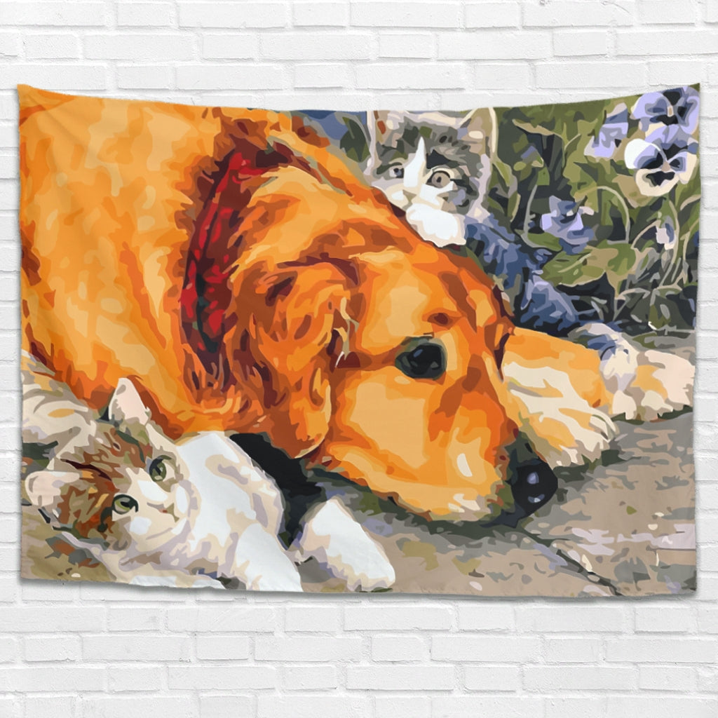 Lovely Cat Dog Tapestry - Öljytyylinen Printtikangas, Seinäsisustus