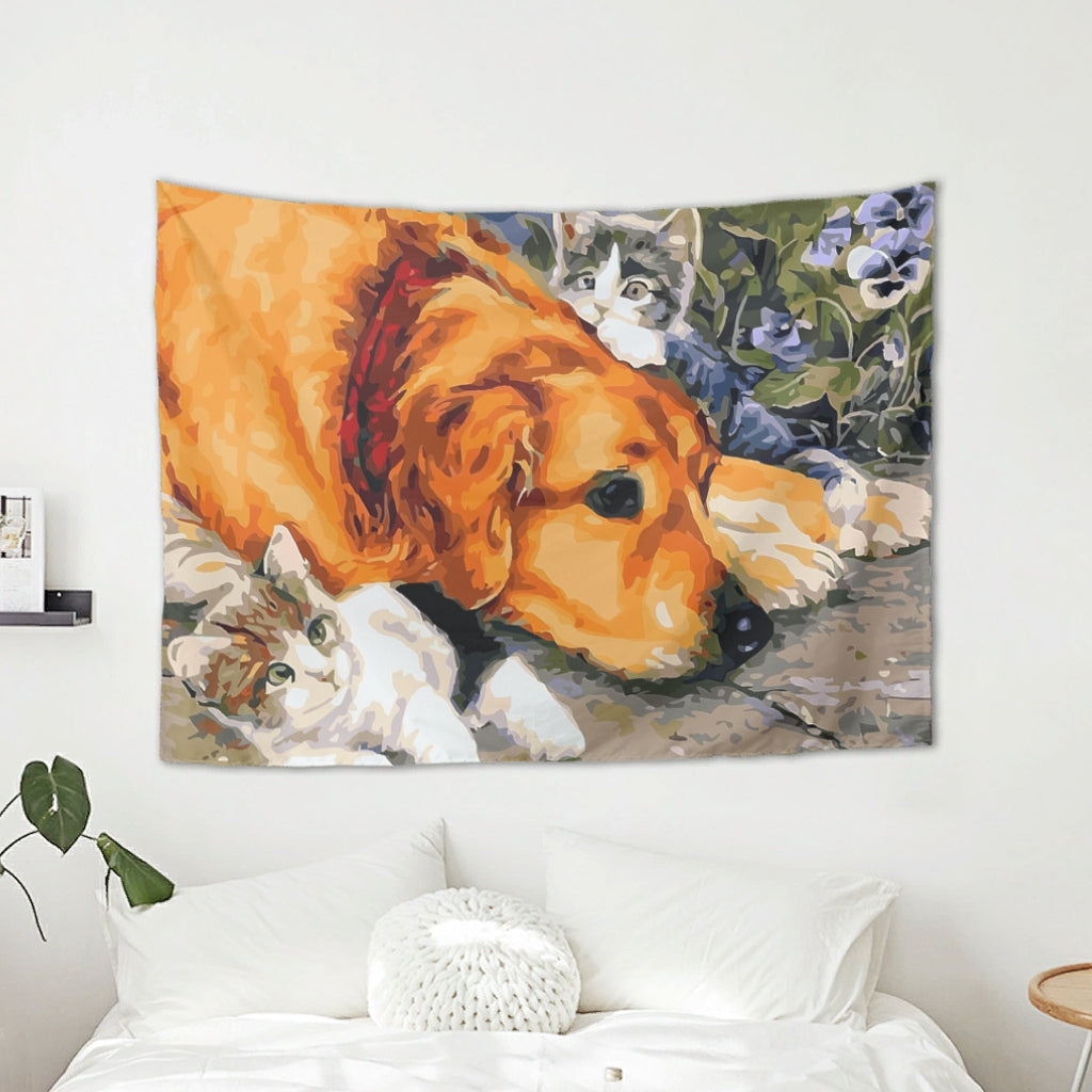 Lovely Cat Dog Tapestry - Öljytyylinen Printtikangas, Seinäsisustus