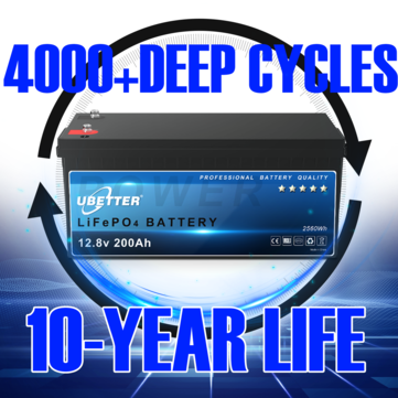 Ubetter 12V 200Ah LiFePO4 Battery - Lithium Battery 2560Wh Rechargeable with BMS