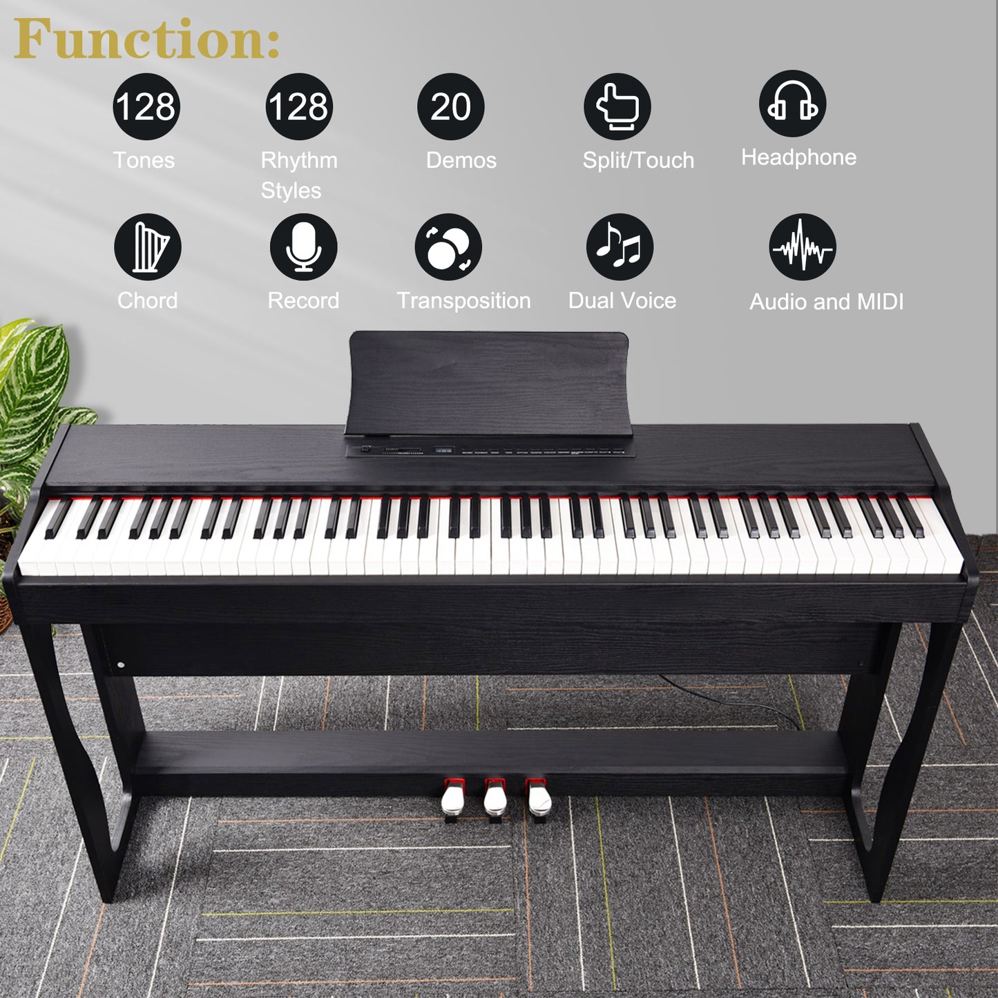 Glarry GDP-104 88 Keys Full Weighted Keyboard Digital Piano with Furniture Stand, Power Adapter, Triple Pedals, Headphones - Black