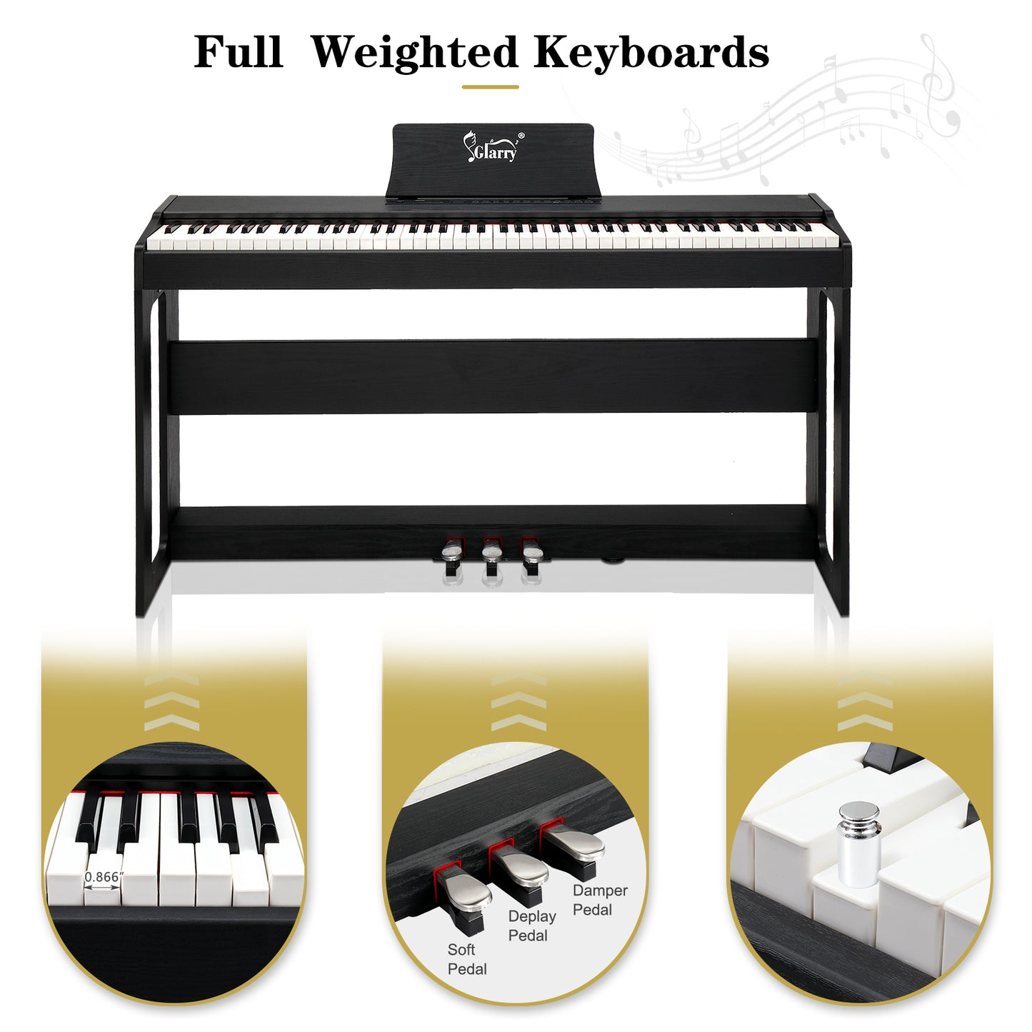 Glarry GDP-104 88 Keys Full Weighted Keyboard Digital Piano with Furniture Stand, Power Adapter, Triple Pedals, Headphones - Black