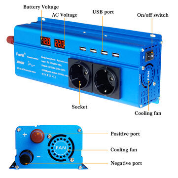 Lvyuan Foval Puhtaasti Sinimuotoinen Invertteri DC12V - 220V, 3000W Huipputeho - EU/Universaali Pistorasia, LED-Näyttö, 4 USB-porttia, 2 AC-Sovitin, F-1000P