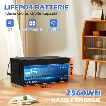 Ubetter 12V 200Ah LiFePO4 Battery - Lithium Battery 2560Wh Rechargeable with BMS