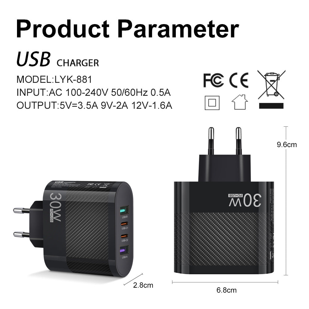 2USB Type-C 30W matkapuhelimen laturi moniliitäntäinen matkailulatauspää