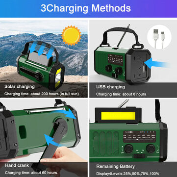 Powdeom 10000mAh Crank Radio, Hätäradio, Aurinkoradio, NOAA/AM/FM Säänsäätöradio, USB Type-C Lataus, Dynamo Radio, Polymeriakku, Taskulamppu &amp; LED Lukulamppu, SOS Hälytys, Kompassi Retkeilyyn