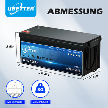 Ubetter 12V 200Ah LiFePO4 Battery - Lithium Battery 2560Wh Rechargeable with BMS