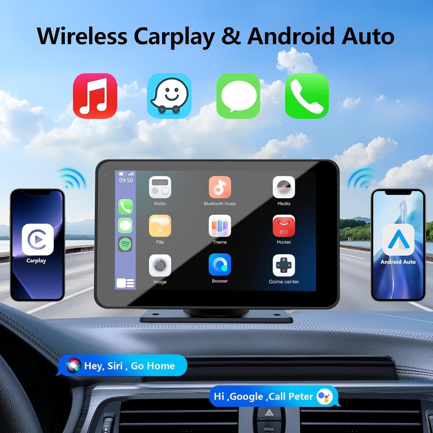 7 tuuman langaton CarPlay kannettava auton Bluetooth MP5-soitin, multimedia-Android-heijastus ja navigointilaite