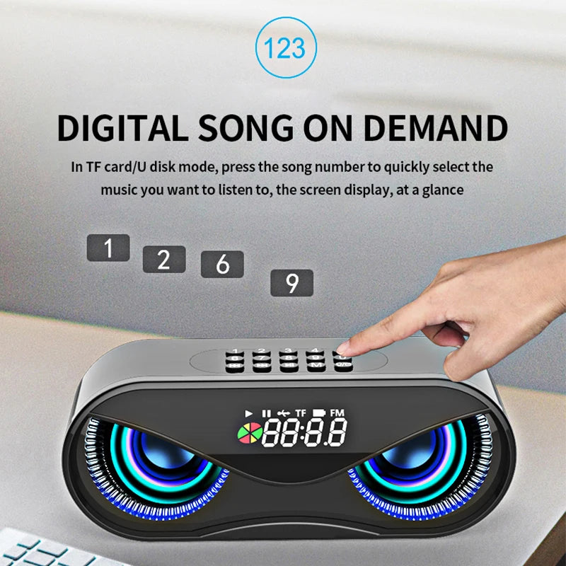 M6 Siisti Pöllömuotoilu Bluetooth-kaiutin – LED-valoilla, langaton kaiutin, FM-radio, herätyskello, TF-korttituki ja kappaleiden valinta numeron mukaan