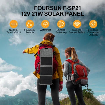 [EU/USA SUORA TOIMITUS] Foursun 12V 21W Kannettava Aurinkopaneeli USB Type-C Nopea Latauslaturi Taitettava Vaellukseen, Retkeilyyn ja Mobiililaitteille