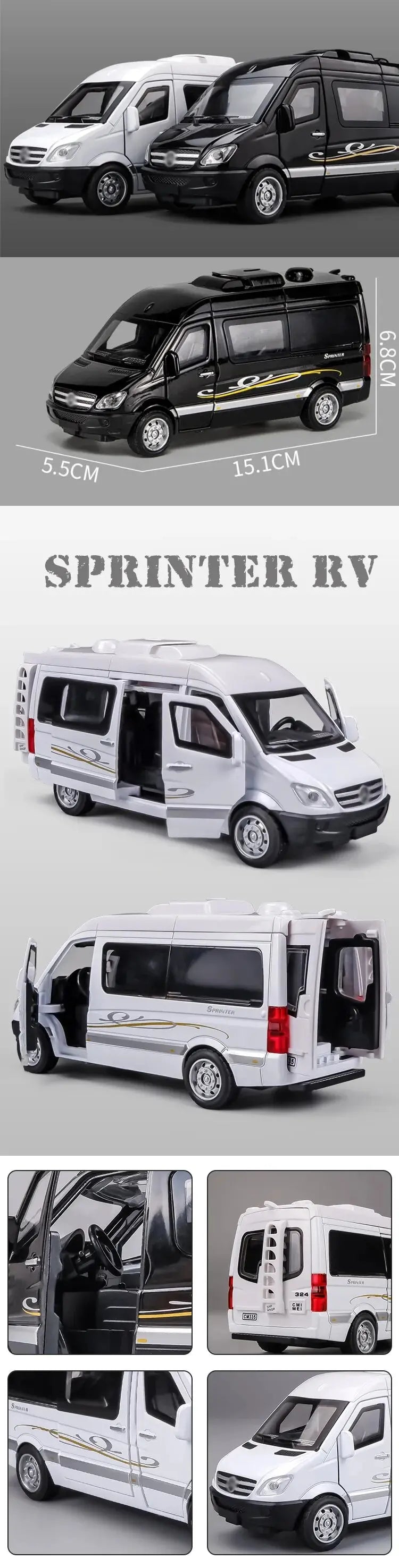 Mittakaava 1/32 Sprinter RV pienoismallit metallisia valuleluautoja kuorma-autoja lasten leluja pojille. Ajoneuvot, harrastekokoelmat.