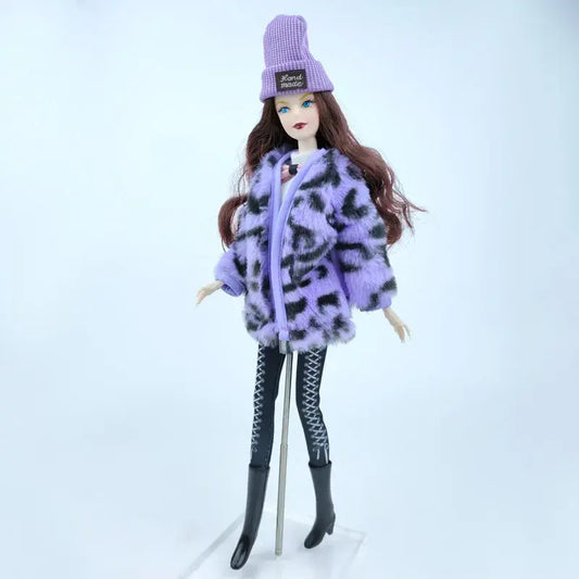 Purple Leopard Fashion Doll Clothes Set for Barbie – 1/6 Doll Outfits with Coat, Top, Pants, Hat, and Boots