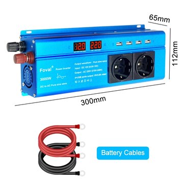 Lvyuan Foval Puhtaasti Sinimuotoinen Invertteri DC12V - 220V, 3000W Huipputeho - EU/Universaali Pistorasia, LED-Näyttö, 4 USB-porttia, 2 AC-Sovitin, F-1000P